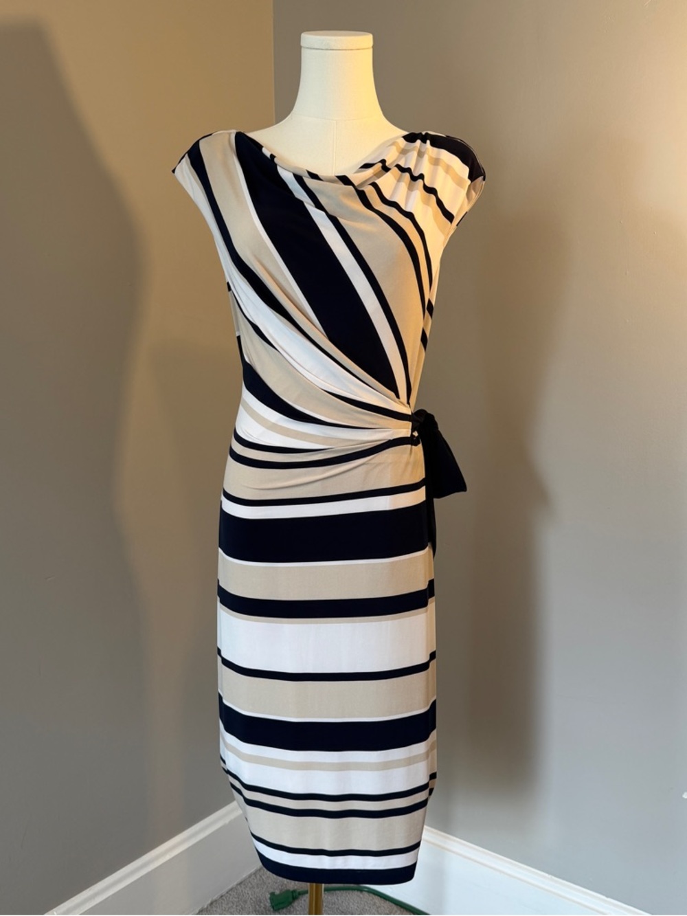Lauren by Ralph Lauren Striped Knot-Waist Sheath Dress in Navy, Beige, & White